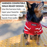 DJANGO Dog Hoodie – Warm, Lightweight, Soft & Stretchy Dog Sweater with Hood, Harness Hole & Elastic Waistband – Cozy Sweatshirt for Small Dogs up to 25 lbs, Dachshunds & Puppies – Crimson Red, Small