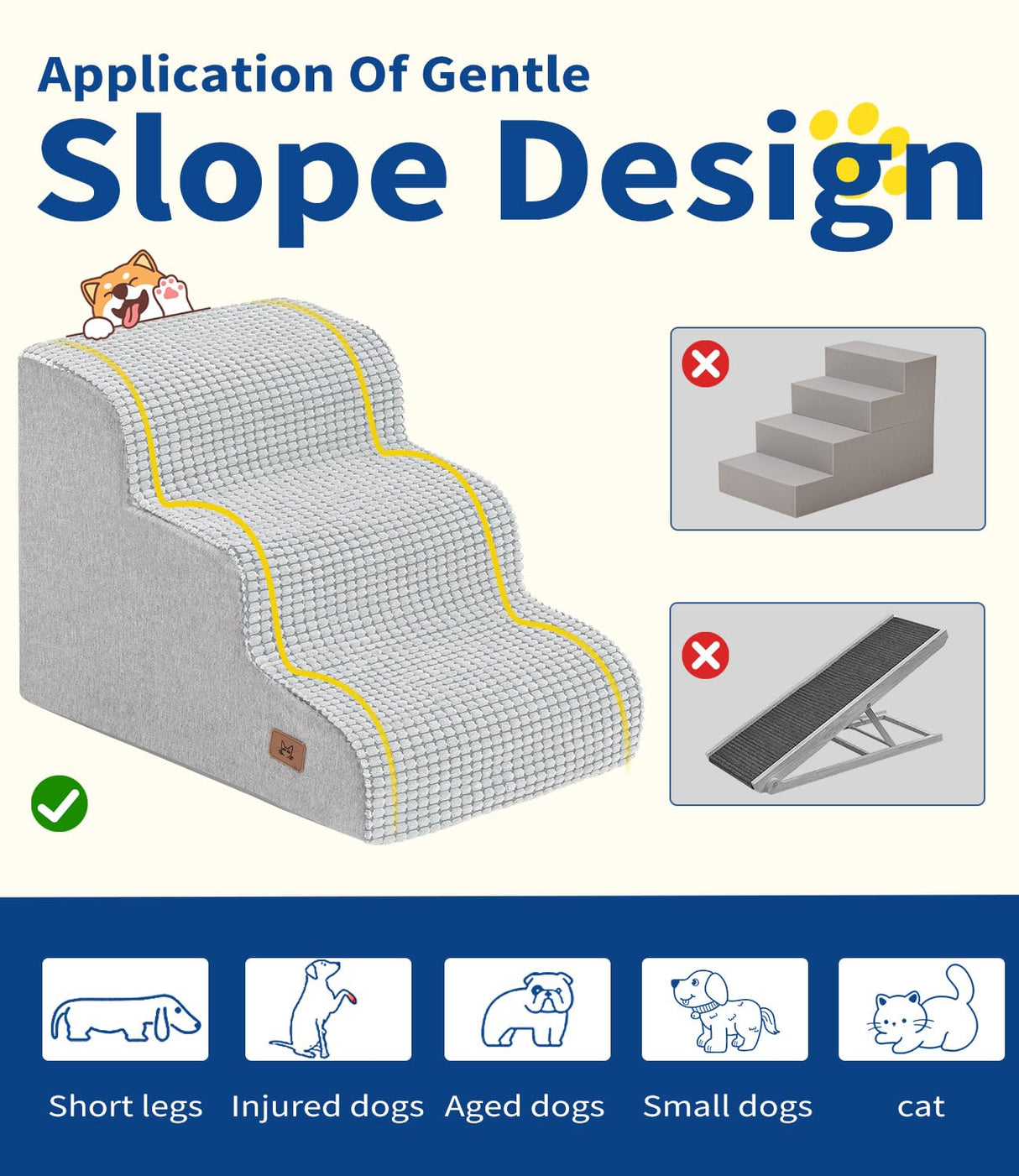 ABCPET Dog Stairs for Small Dogs, 15.7" H Dog Steps for Bed 35D Strong Support Foam Stairs for High Bed or Couch Sofa Non-Slip Balanced Pet Steps Indoor, Light Grey