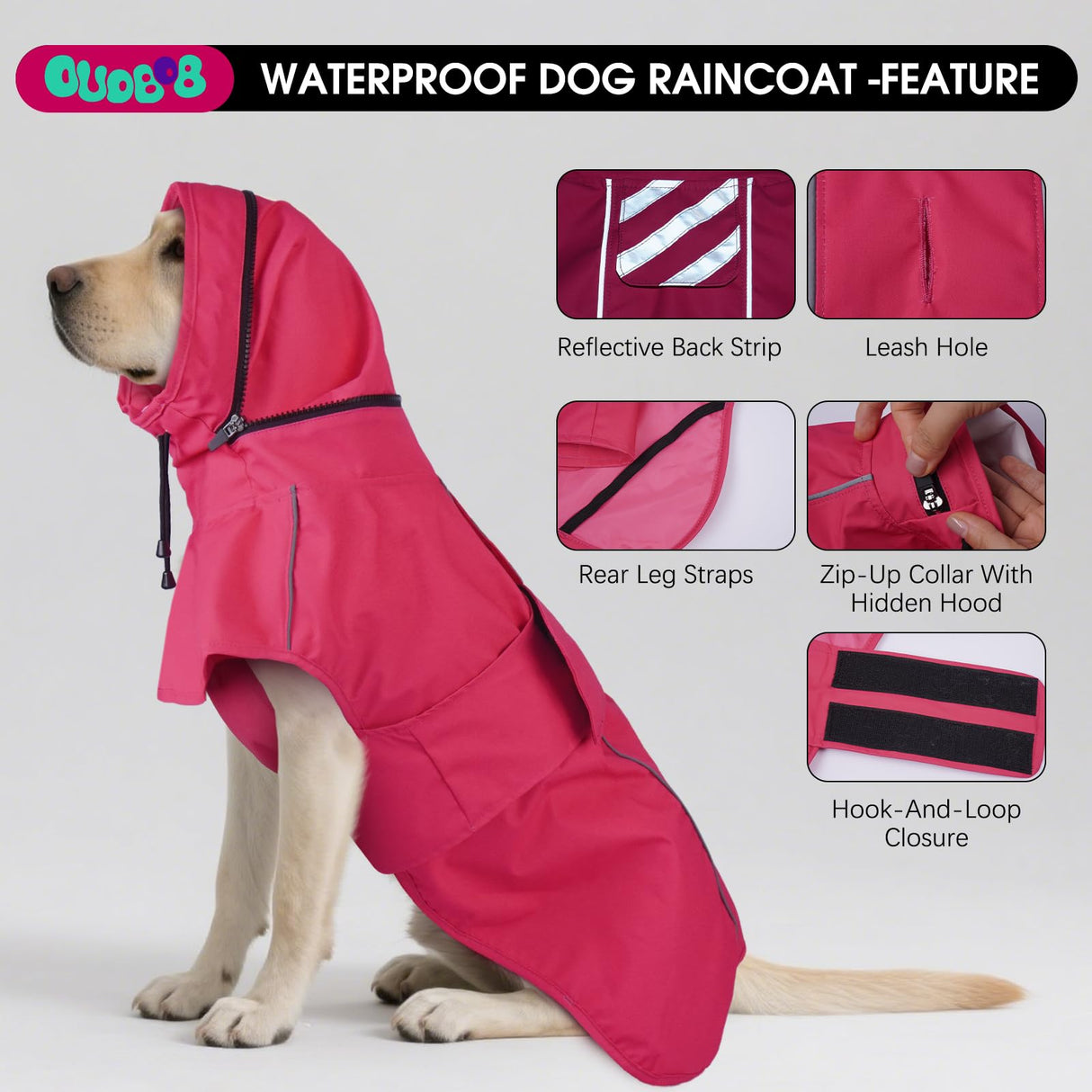 OUOBOB Dog Raincoat for Medium Dogs, Waterproof Adjustable Dog Rain Jacket with Hood, Leash Hole, Lightweight Reflective Poncho for Rain, Snow, Windy Weather & Outdoor Walks, Camping, Hiking - Pink M