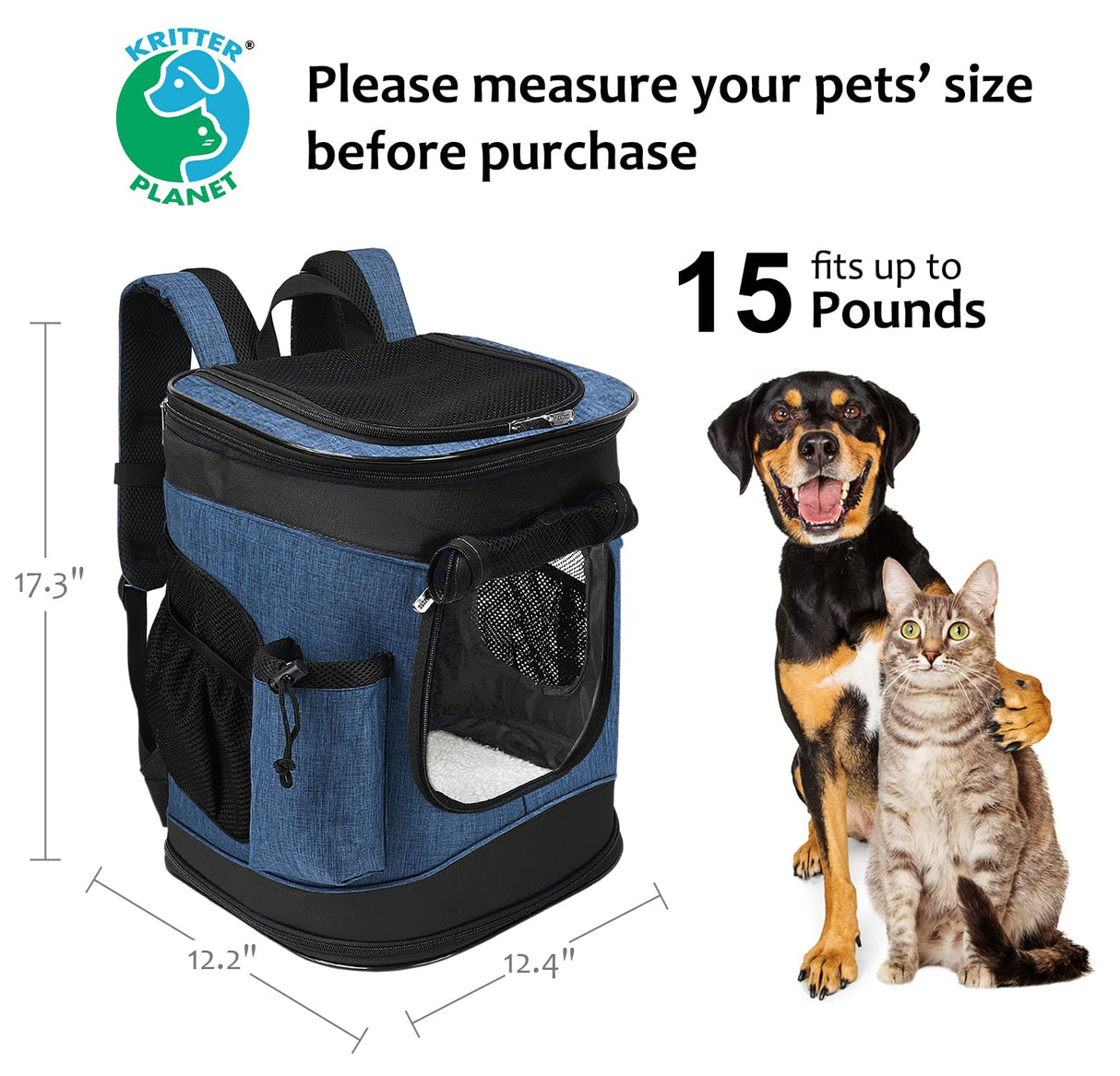 Kritter Planet Pet Carrier Backpack for Cats Dogs, Breathable Pet Backpack with 4 Mesh Window, Portable Pet Carrier for Camping