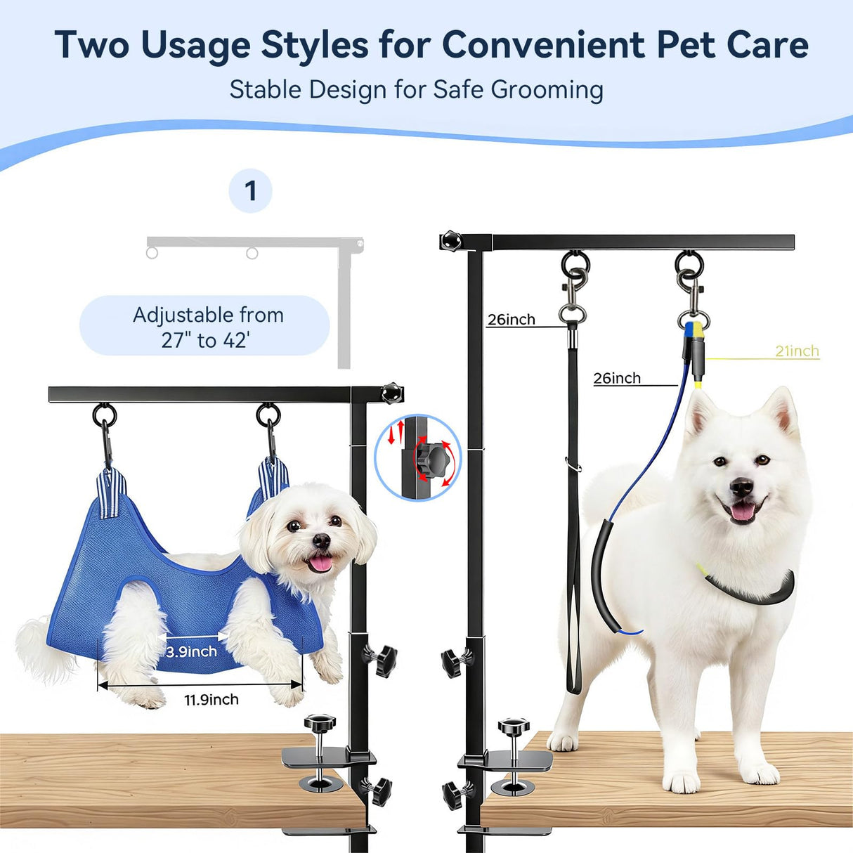 ZONEXCHIC Dog Grooming Arm with Pet Grooming Hammock, 27”-42” Adjustable Grooming Stand with No Sit Haunch Holders and Loop Noose, Grooming Restraint for Small and Medium at Home or Salon