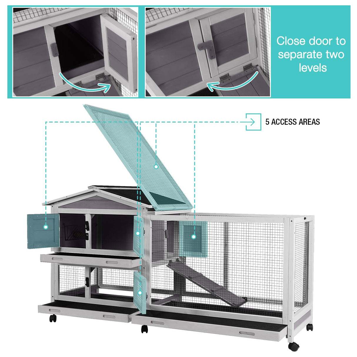 Suumerpety 62" Rabbit Hutch with Chew-Proof Ramp & Waterproof Roof - Indoor/Outdoor Bunny Cage, 2-Story Design, 6 Lockable Caster Wheels & Dual Pull-Out Trays (Grey)