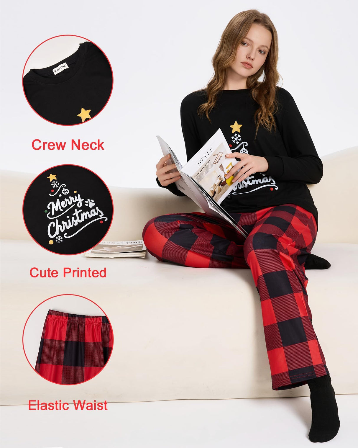 XPUDAC Christmas Matching Dog and Owner Pajamas Set Christmas Pajamas for Women Long Sleeve Sleepwear Long Pants Loungewear Soft Holiday Pjs Set, 3XL Red Black