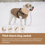 Queenmore Dog Winter Jacket, Dog Coats for Large Dogs, Warm Cozy Pet Jacket Winter with Harness Built in, Waterproof Pet Snow Jacket, Thick Fleece Lining Snowsuit for Large Dogs, Brown L