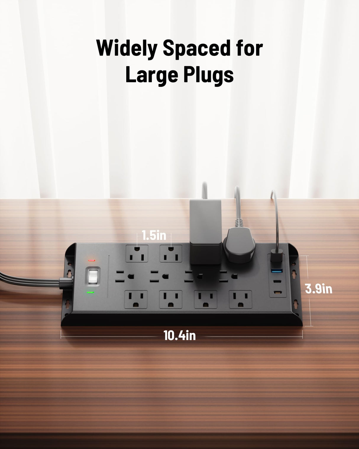 Surge Protector Power Strip 4800J, 10Ft Long Extension Cord Flat Plug, 12 Outlets 2 USB C 2 USB Ports, Wall Mountable, 20W Desk Charging Station, Black