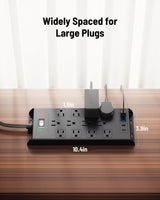Surge Protector Power Strip 4800J, 10Ft Long Extension Cord Flat Plug, 12 Outlets 2 USB C 2 USB Ports, Wall Mountable, 20W Desk Charging Station, Black
