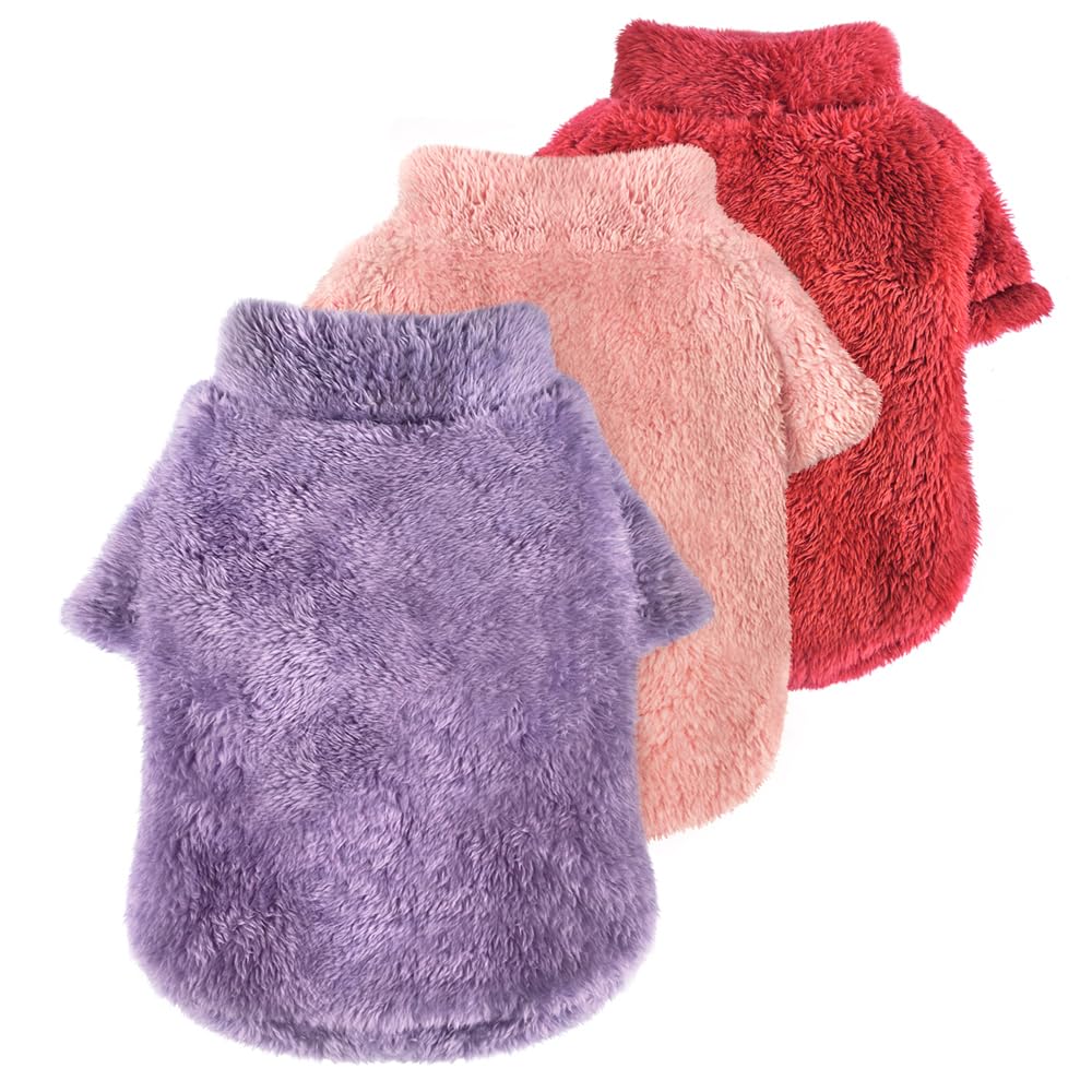 Idepet Fleece Dog Sweater 3 Pack, Velvet Puppy Clothes, Fuzzy Cat Apparel, Soft Outfits, Thermal Pet Clothing for Fall Winter, Coat for Small Dogs