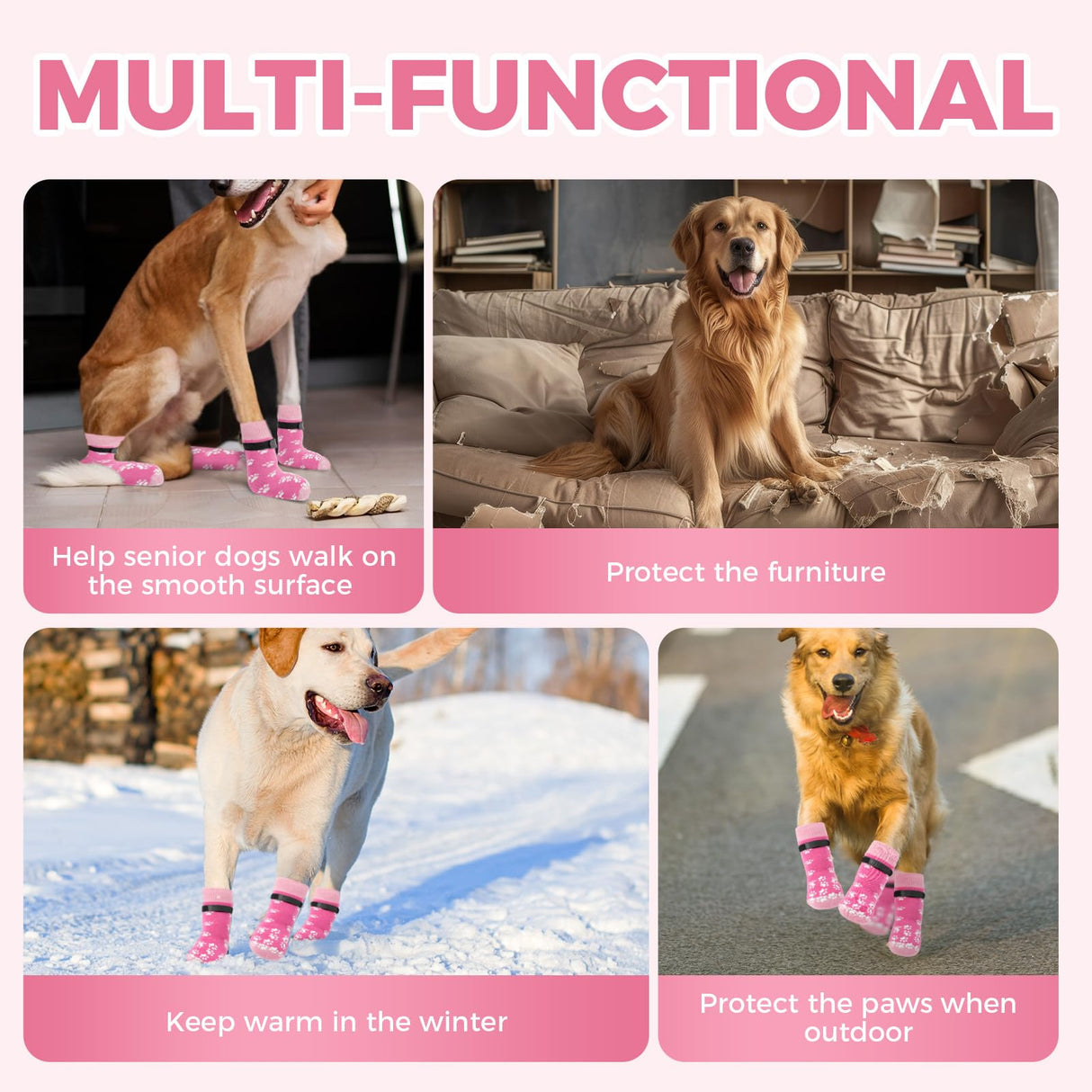 Non-Slip Dog Socks Prevent Licking Paws,Socks for Senior Dogs Walk on Hardwood Floor,Dog Grippers with Strong Traction,Dog Essentials,Pink 2 Pairs,XL