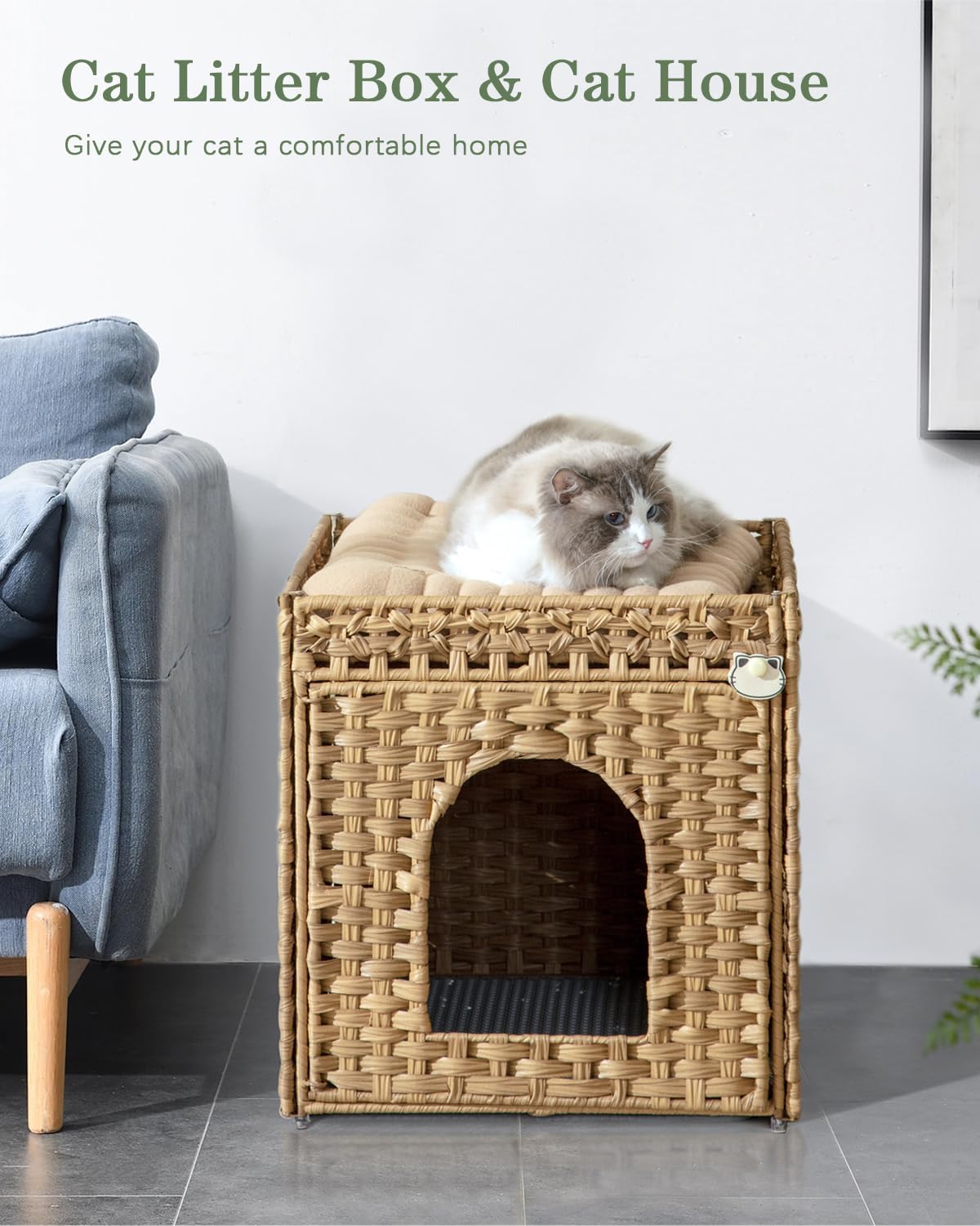 SETVSON Cat Litter Box Enclosure Furniture, Hidden Litter Box with Mat and Fence, Handwoven Rattan Cat House with Two S-Shaped Hooks for Living Room, Bedroom, 18.5 x 20.5 x 19.1 Inches (Natural)