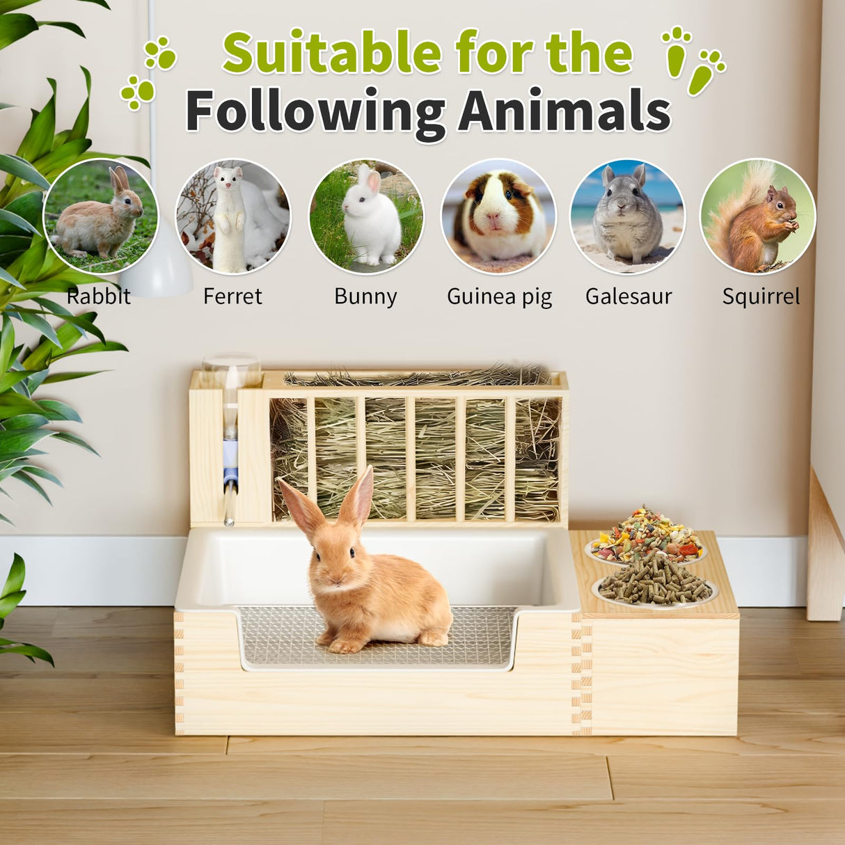 Chloraeon 4-in-1 Waterproof Wooden Rabbit Litter Box with Hay Feeder, 2 Food Bowls, and Water Bottle | Large Capacity, Waste-Preventing Design for Rabbits, Guinea Pigs, Chinchillas, and Small Animals