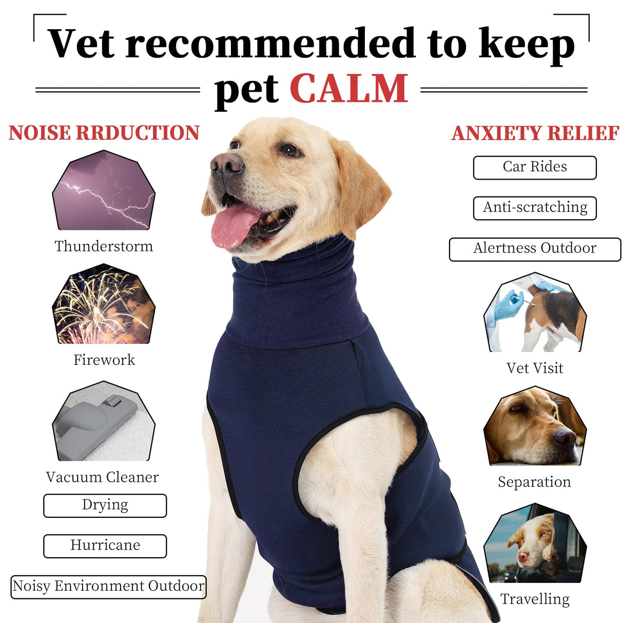 ROZKITCH Anti-Anxiety Dog Shirt, Breathable Pet Vest for Storms & Fireworks, Dog Calming Hoodie with Ear Cover for Separation Relief NavyBlue XL