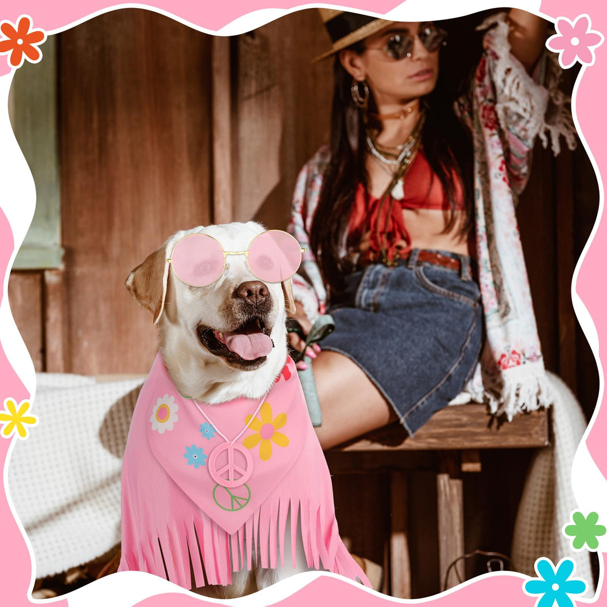 Huhumy 4 Pcs Hippie Dog Costume Pet Dog Hippie Costume Set Includes Sunglasses Scarf Cloak Necklace(Pink Style,Large)