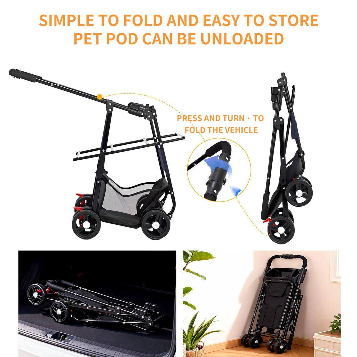 3-in-1 Pet Stroller for Small/Medium Dogs Cats,4 Wheels,Detachable Carrier Basket,Breathable Mesh,Storage Basket,Cup Holder,Weather Cover,Black,44 lbs Capacity