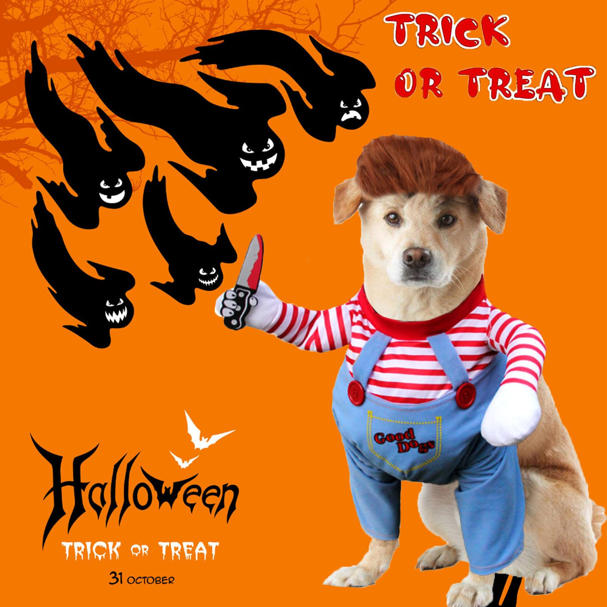 Pet Deadly Doll Dog Costume - Funny Halloween Chucky Outfit for Small, Medium, Large Dogs, Cats, Puppies - Cute Party Cosplay Dress Up - Scary Spooky Kitty Apparel