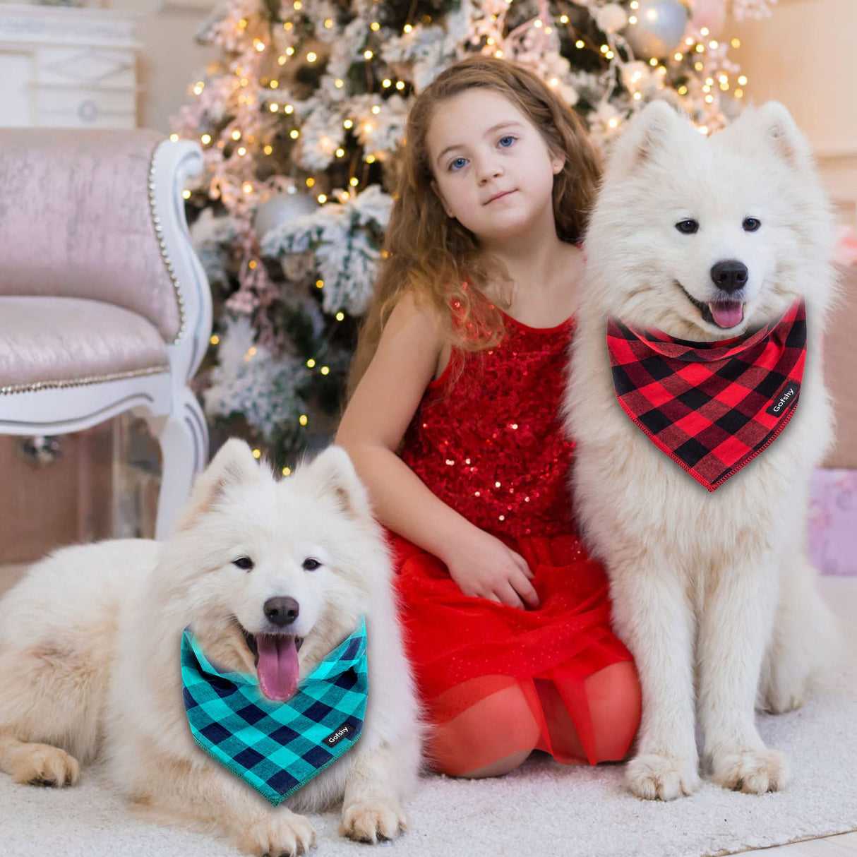 Gofshy Buffalo Plaid Dog Bandanas Fall Christmas X-Large 6PCS Dog Gifts Red Blue Green Orange Black Brown Scarf Adjustable Kerchief for Medium Large Pets