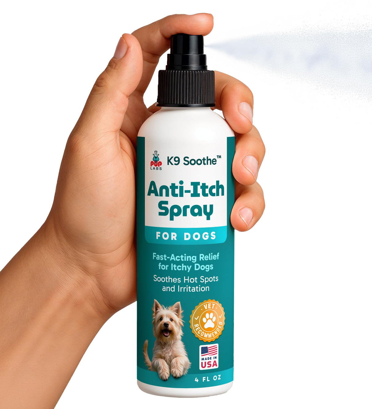 Pup Labs K9 Soothe Anti Itch Spray for Dogs with Aloe, Rose, & Coconut, Natural Hot Spot Treatment for Dogs That Soothes Irritation, Pet Skin Treatment Spray, 4 FL OZ