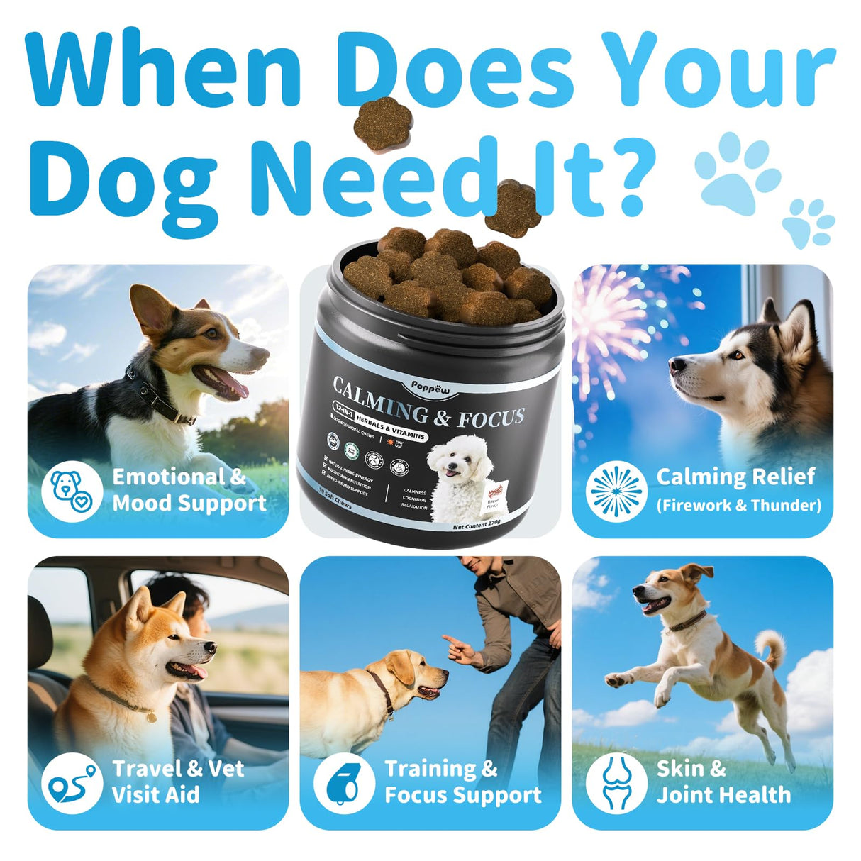 POPPAW Calming Chews for Dogs – Calming Treats for Anxiety, Stress, Separation, Travel & Thunder, Non-Drowsy Alternative to Melatonin, Calm & Focus with Chamomile & Ashwagandha, Bacon Flavor, 90Ct