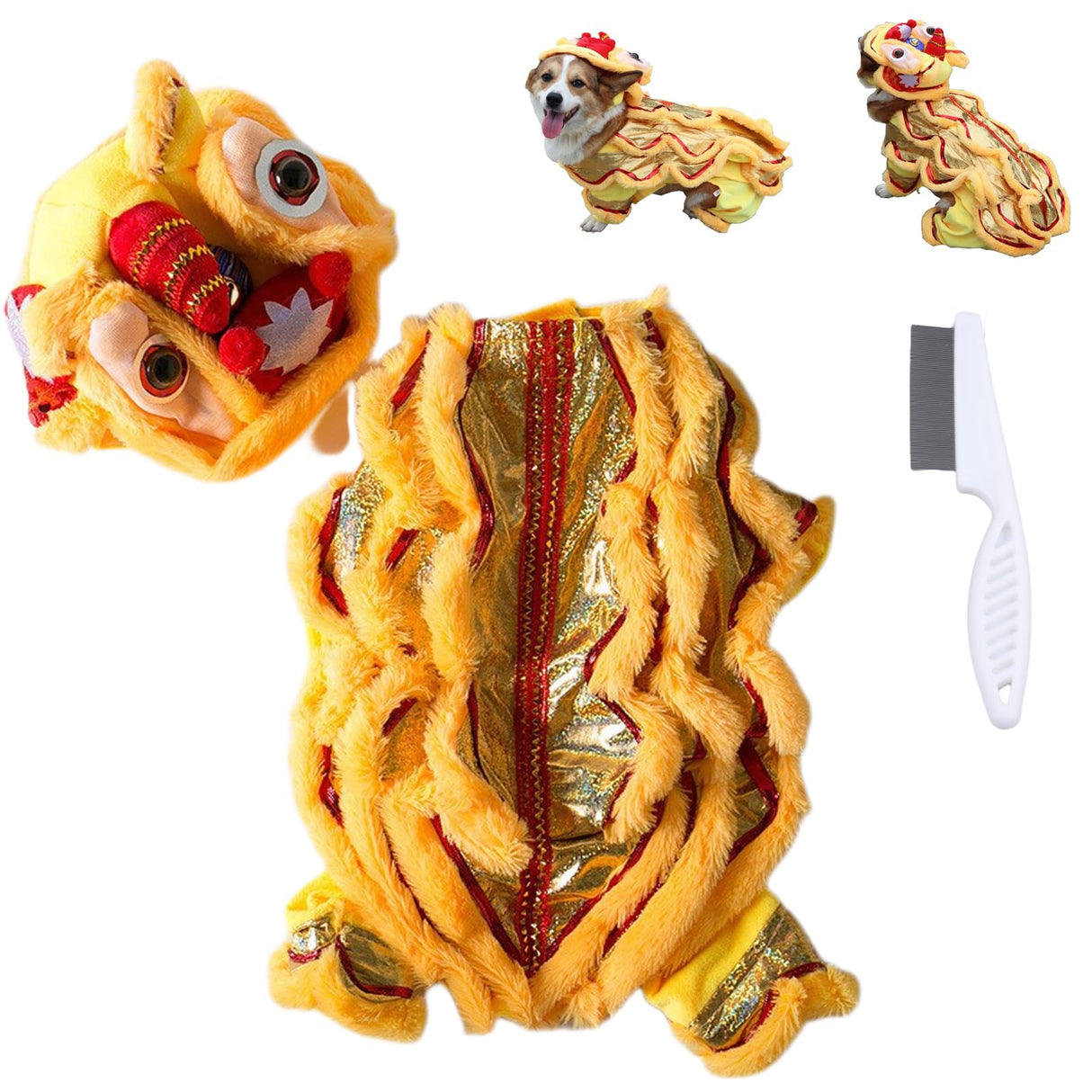 Chinese Lion Dance Dog Costume, Chinese New Year Dog Outfit, Spring Festival Dogs Costume Clothes Hoodies Coat for Small Dogs (Yellow, Medium)