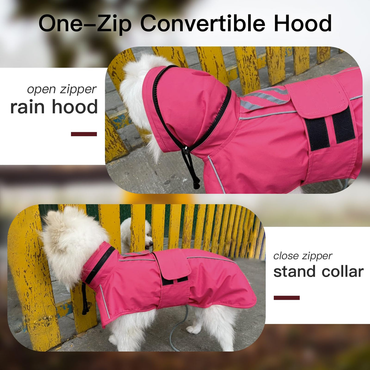 Dog Raincoat Waterproof , Reflective Adjustable Rain Jacket with Leash Hole, Convertible Hood/Collar Rain Coat for Dogs Poncho Breathable Lightweight (Neon Pink, XL)