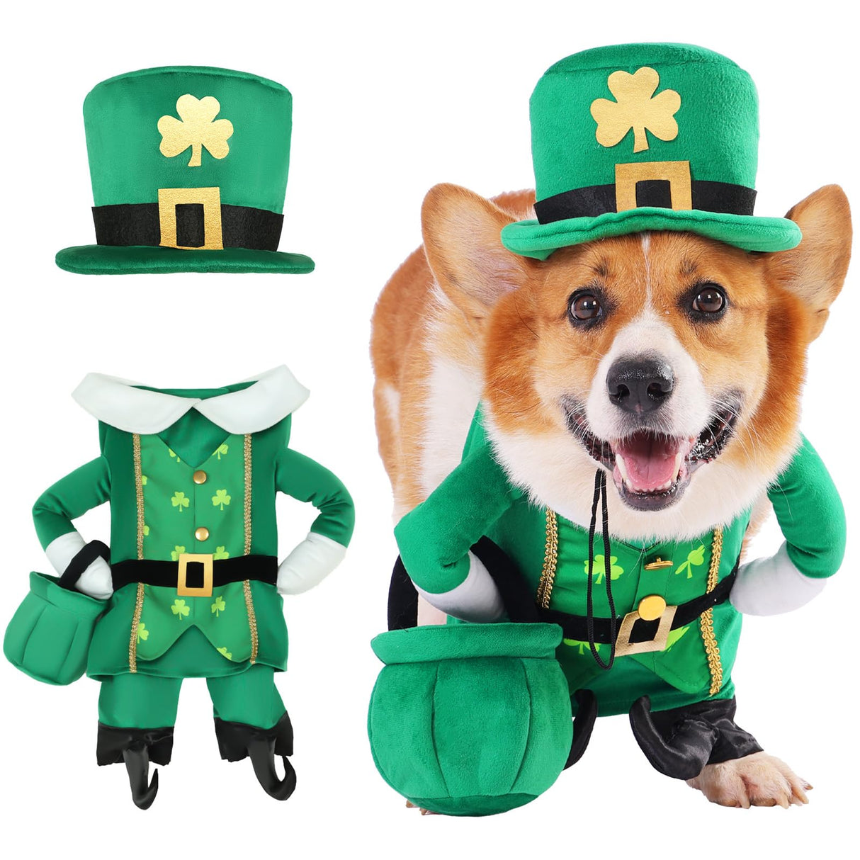 Leprechaun Dog Costume, 3 PCS St Patrick’s Day Puppy Outfit with Hat & Gold Pot, Irish Lucky Theme Celebration Green Holiday Clothes Dress Up for Dogs Cat Pet Small Medium Large