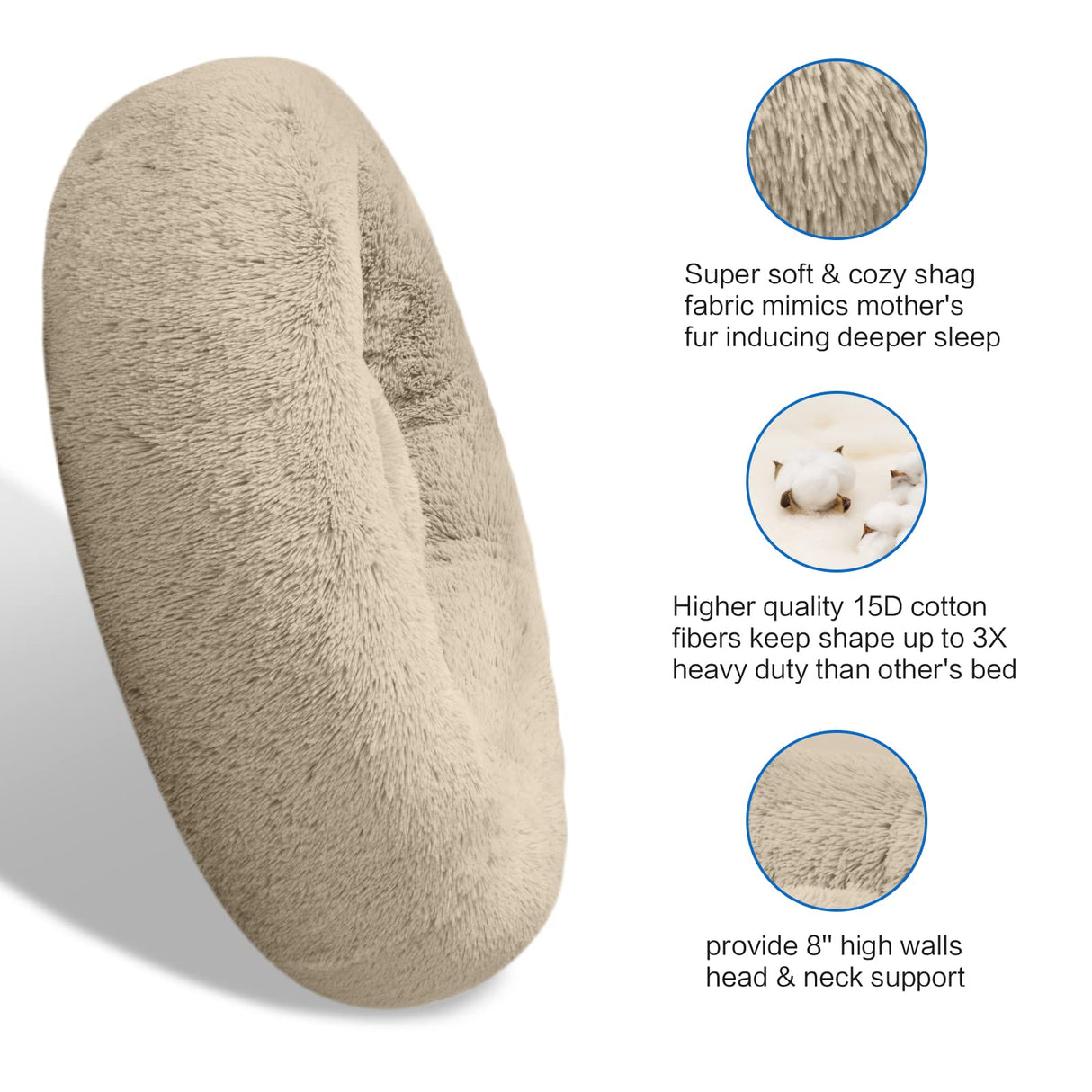 SAVFOX 45 inches Calming Donut Dog Bed - 3X Durable Plush Faux Fur, Machine Washable & Non-Slip, Fits up to 150 lbs, Beige