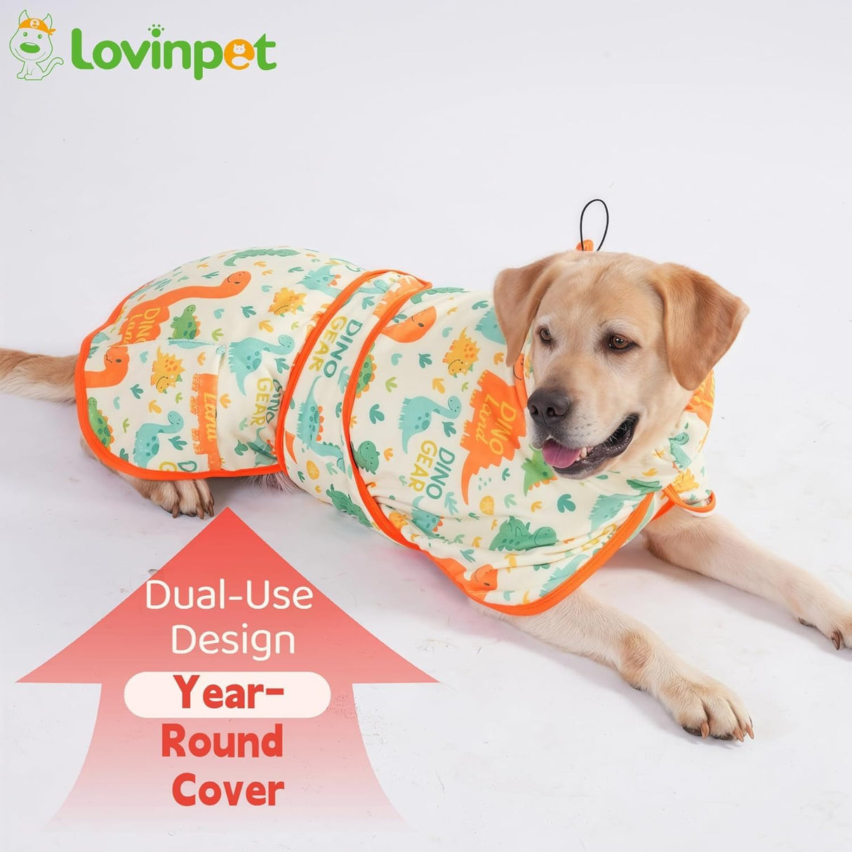 LovinPet 3‑in‑1 Dog Warm Winter Coat & Bathrobe, Hooded Dinosaur Fleece, Lightweight High‑Loft, Absorbent Knit, Quiet Hook‑and‑Loop, Wind‑Blocking Edges, Dog Robes for Medium & Large Dogs, Orange,XL