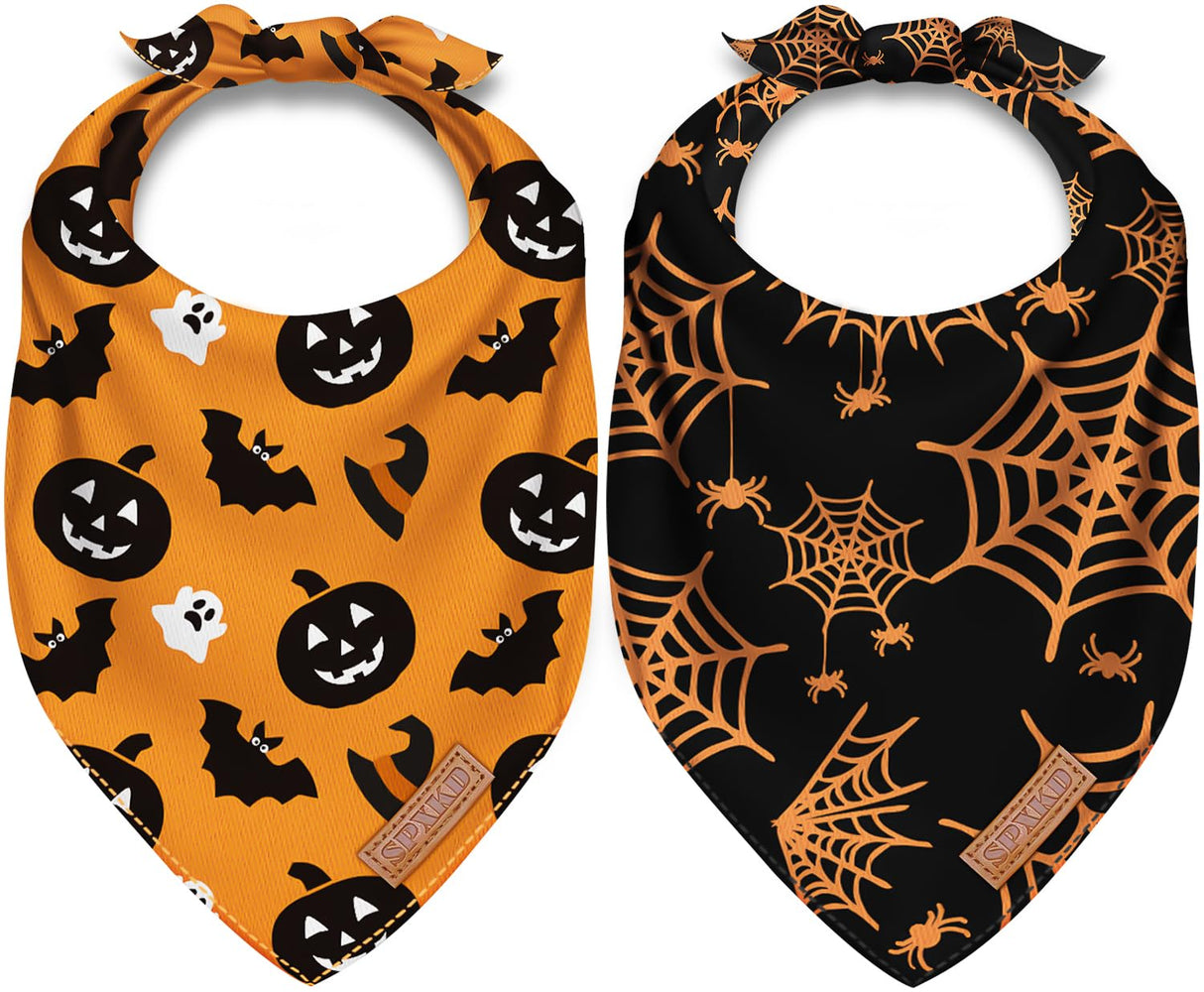 Halloween Dog Bandanas 2 Pack Washable Soft Cotton Halloween Pumpkin and Spider Bibs Scarf Multiple Sizes Offered Premium Durable Fabric Adjustable Fit