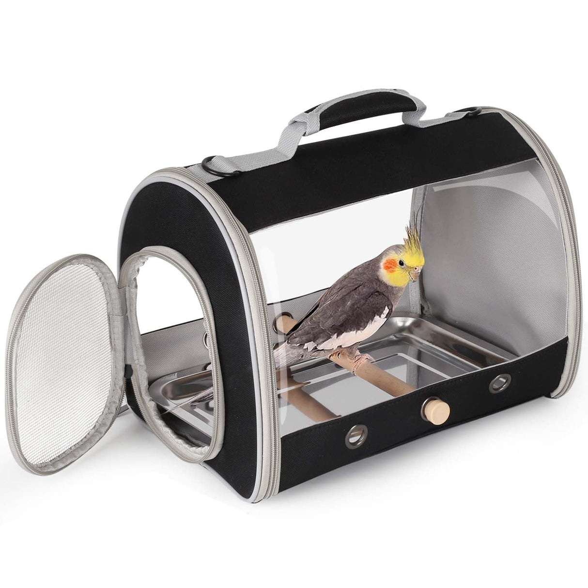 Bird Carrier, Portable Small Bird Cockatiel Conure Parrot Parakeet Carrier with Standing Perch and Stainless Steel Tray, Side Access Window Collapsible (Black, Cylinder Design - Clear)