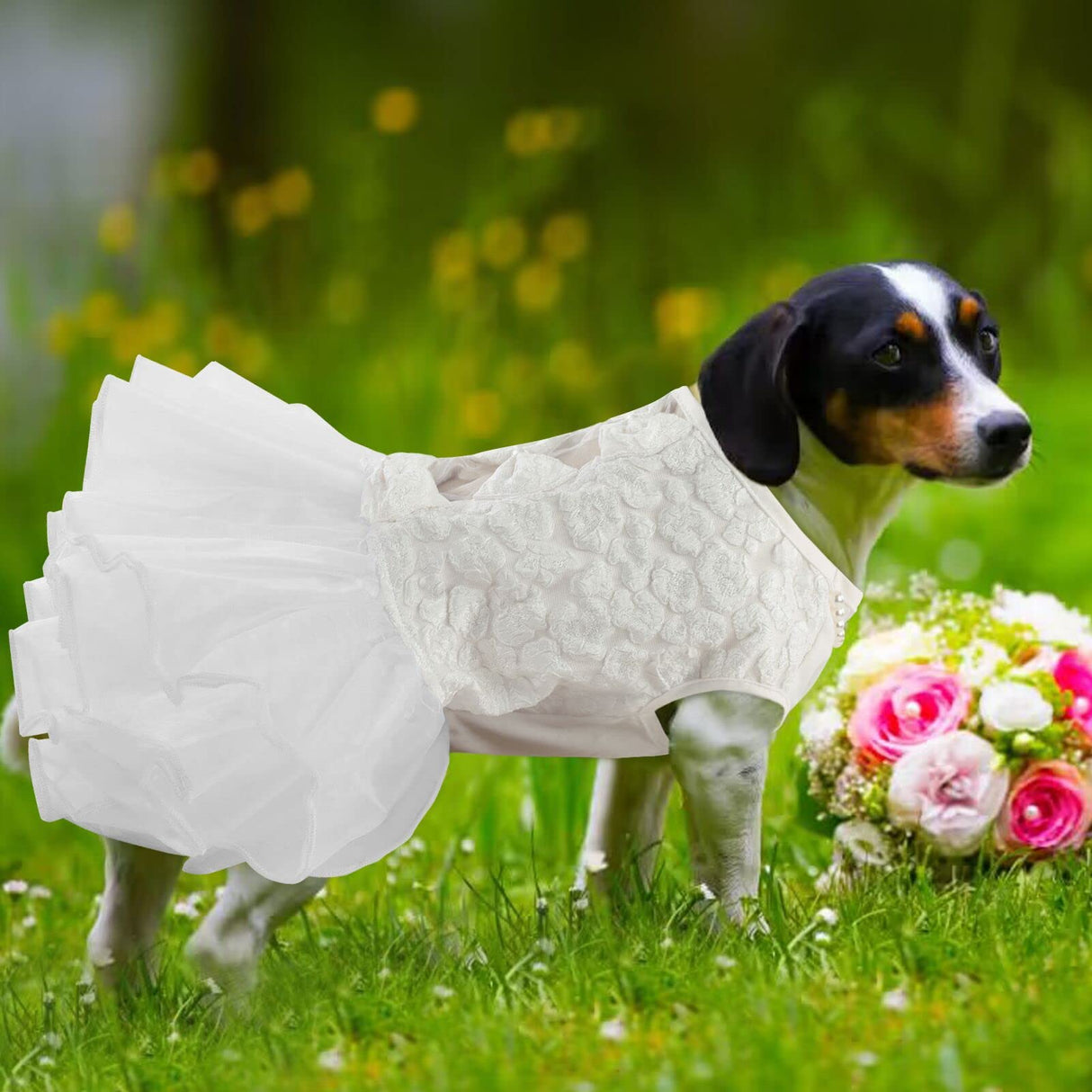 ASENKU Dog Dress, Dog Wedding Dress, Pet Lace Princess Dress with Bows for Wedding Birthday Party, Puppy Formal Apparel with Pearl Necklace for Medium Large Dogs (White, Large)