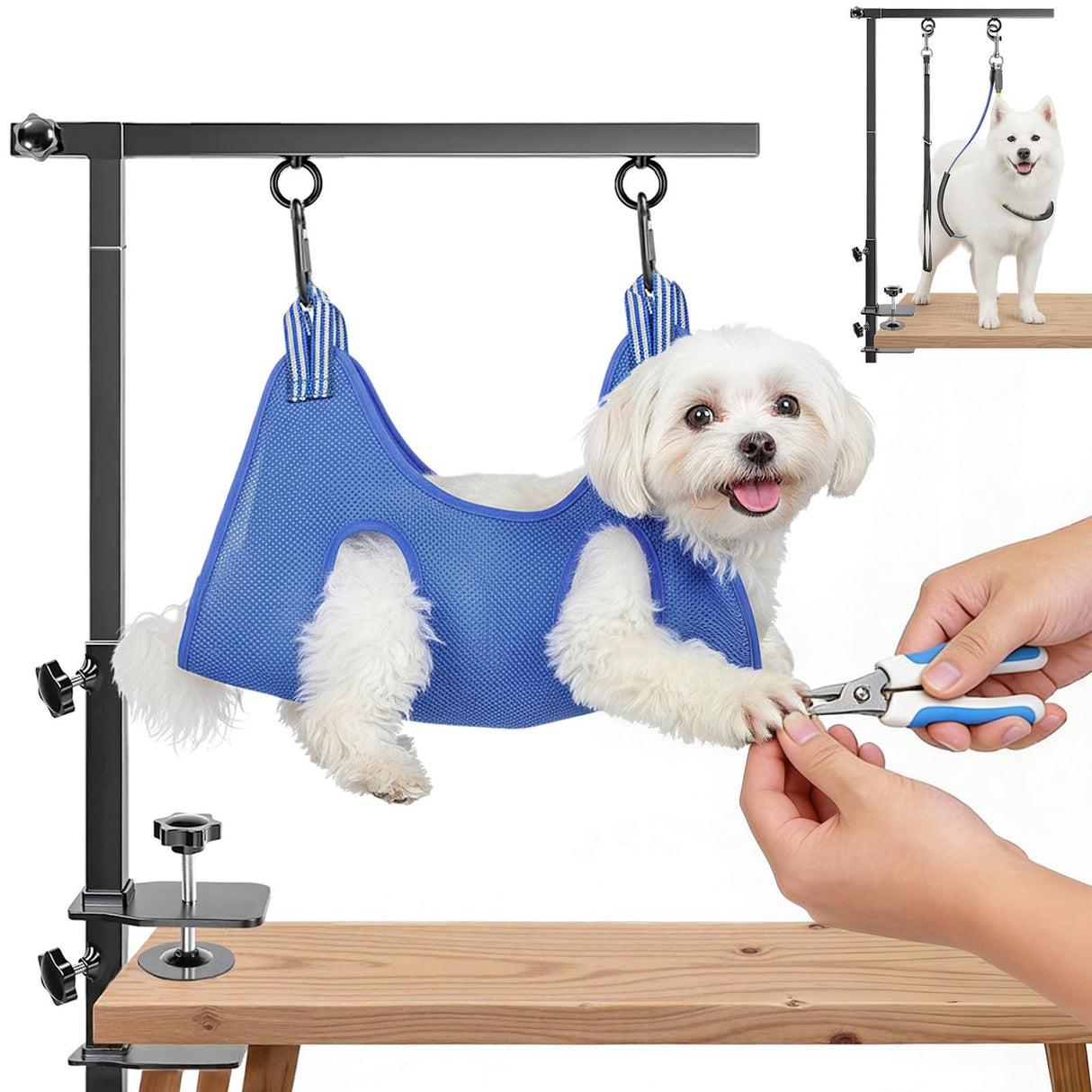 ZONEXCHIC Dog Grooming Arm with Pet Grooming Hammock, 27”-42” Adjustable Grooming Stand with No Sit Haunch Holders and Loop Noose, Grooming Restraint for Small and Medium at Home or Salon