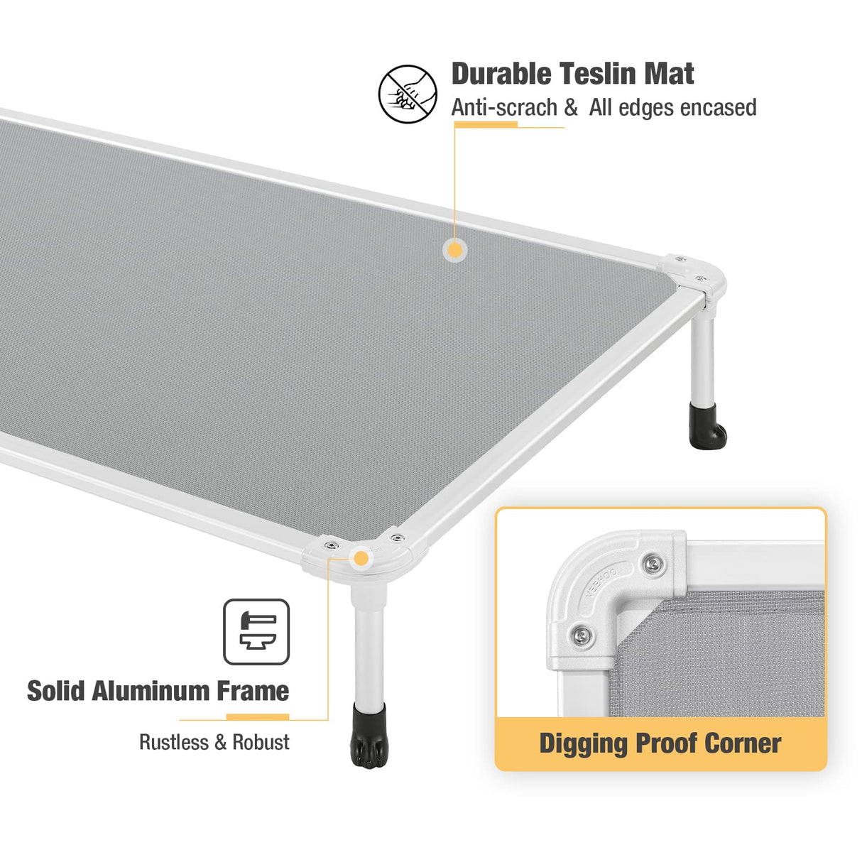 Veehoo Chew Proof Elevated Dog Bed - Cooling Raised Pet Cot - Silver Aluminum Frame and Durable Textilene Mesh Fabric, Unique Designed No-Slip Feet for Indoor or Outdoor Use, Grey, X-Large, CWC2003