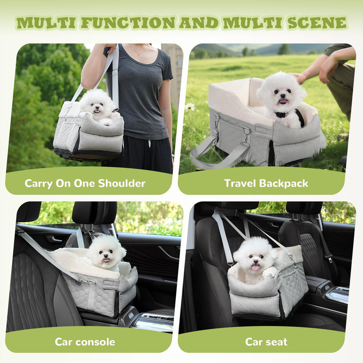 AtawLege Center Console Dog Car Seat, Detachable Washable Dog Booster Seat, Adjustable Safety Belts and Built-in Leash Pet Carseat, Portable Puppy Travel Carrier with Cushion for Small Dogs Cats(Gray)