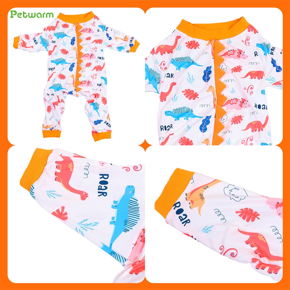 PetWarm Dog Pajamas, Dog Dinosaur PJs, All-Season Use for AC Rooms and Warm Days, Travel-Friendly for Road Trips, for Family Photos and Everyday Use, Dinosaur Print, Orange, 2XL