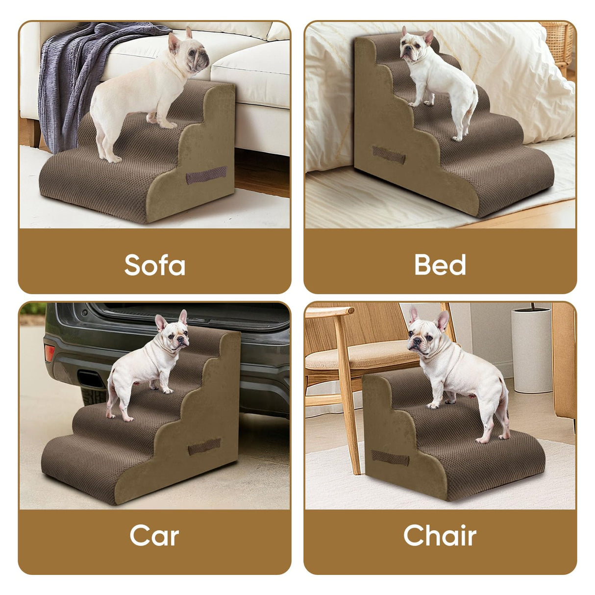 PAWSCART Dog Stairs for Dogs and Cats, 4-Step Dog Steps for Bed, 19.6" H Pet Stairs for High Bed, Pet Ramp for Couch, Sofa, Non-Slip Surface Removable Washable Cover, Brown