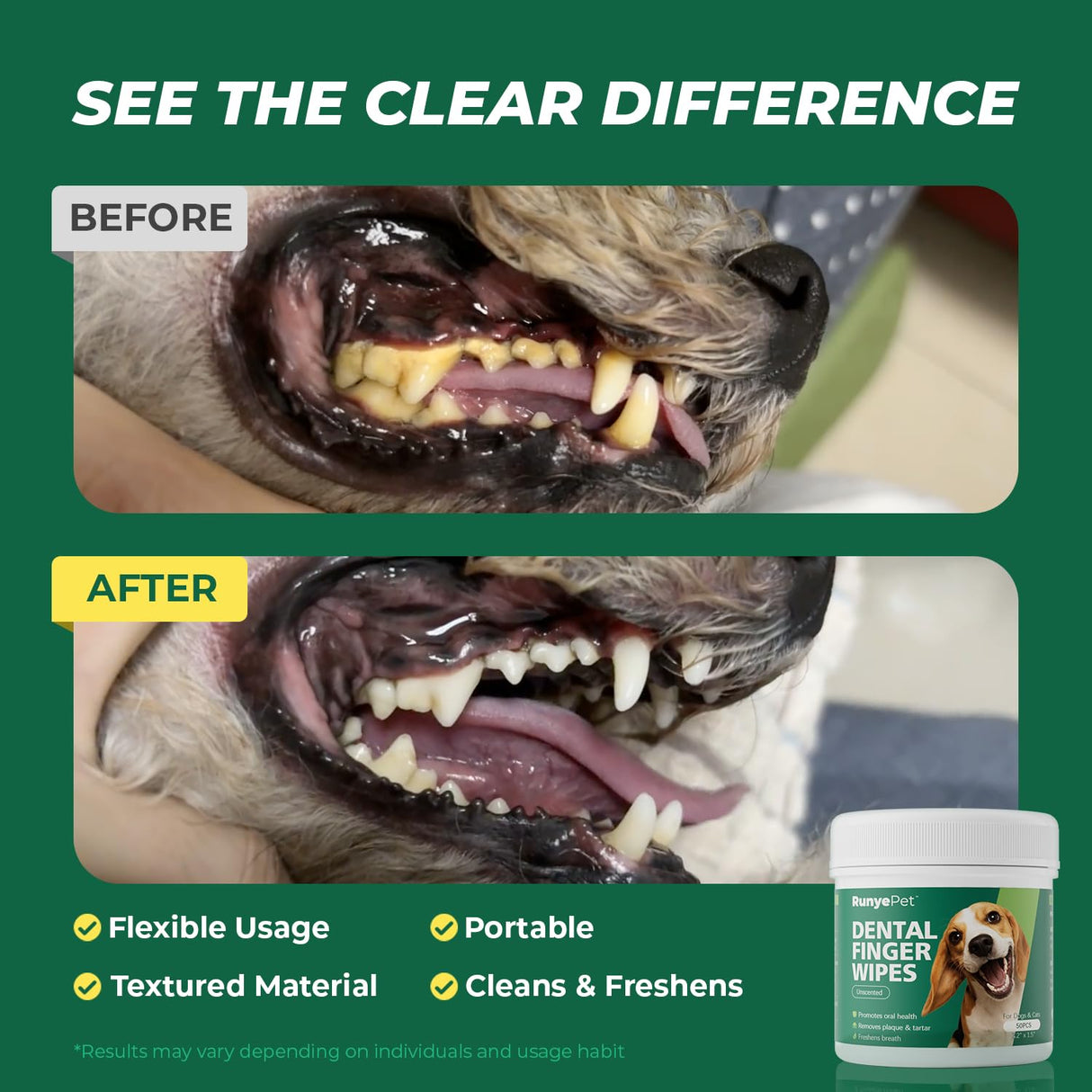 Pet Dental Finger Wipes for Dog & Cats, Remove Bad Breath by Removing Plaque and Tartar Buildup No-Rinse Dog Finger Toothbrush, Disposable Gentle Cleaning & Gum Care Pet Wipes, 50 Counts