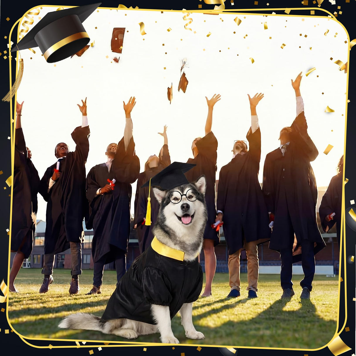 Huhumy 3 Pcs Dog Graduation Costume Set Include Pet Graduation Gown Adjustable Puppy Grad Cap with Gold Tassel Lensless Glasses for Dogs Cats Holiday Costume Accessory(Black,XL)