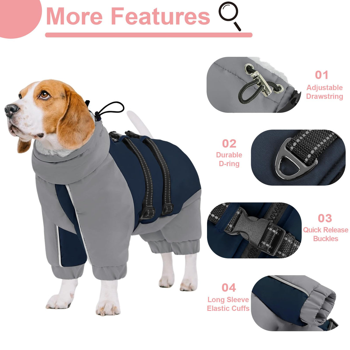 KOESON Four Legged Winter Coat, Warm Small Dog Jacket with Adjustable Buckles, Turtleneck Windproof Dog Fleece Jackets Reflective Fullbody Snowsuit Puffer Coat Blue Grey XS