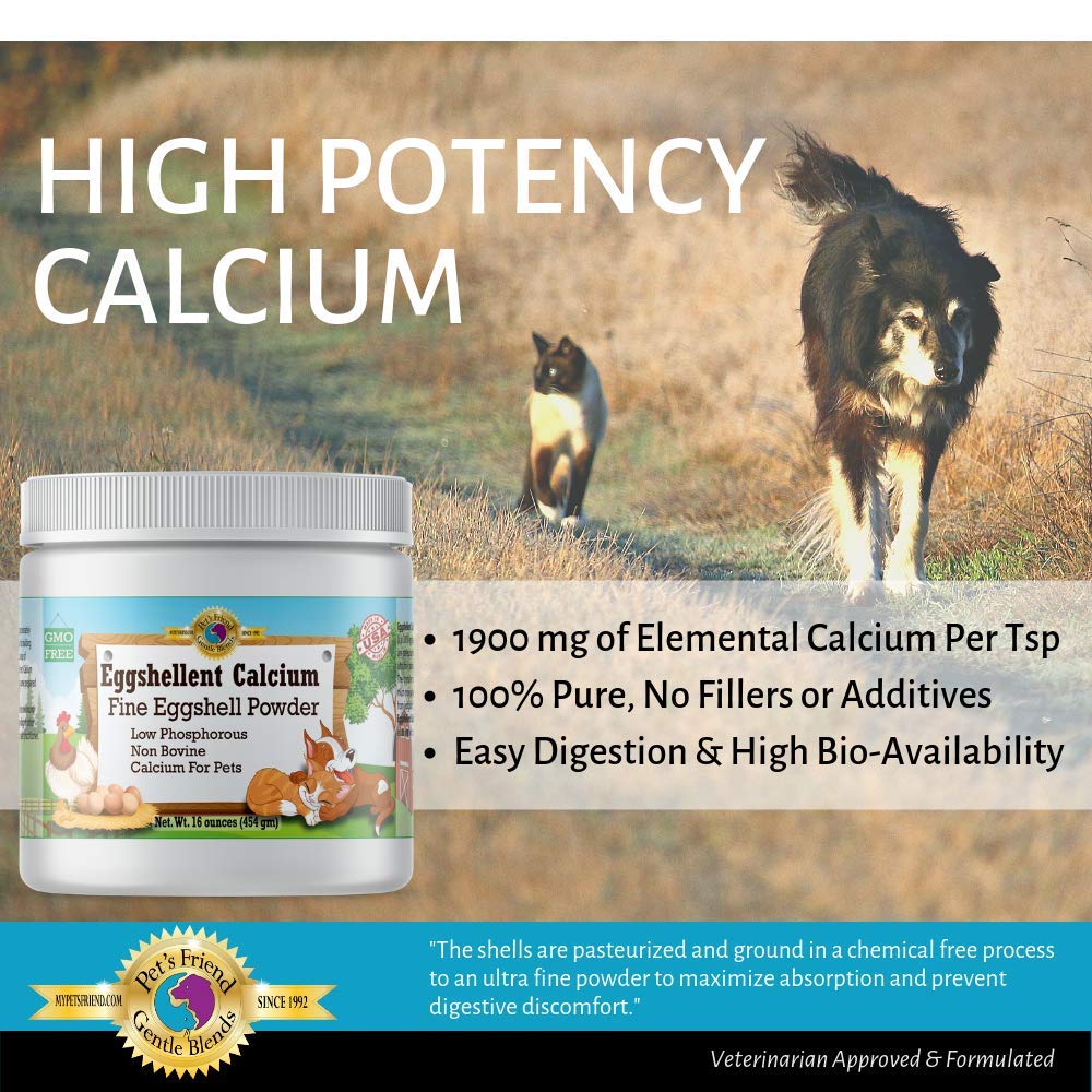 Calcium for Dogs and Cats - Fine Eggshell Powder - Strong Hip & Joint Supplement for Dogs and Cats- Dietary Supplement - No Additives - Pet's Friend Eggshellent Calcium 16oz