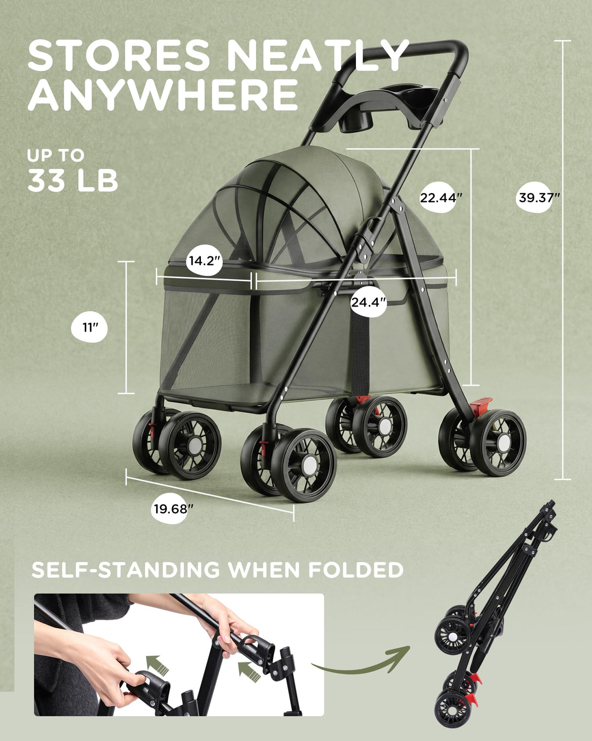 GTPLAYER Foldable Pet Stroller for Small Dogs and Cats, Holds Up to 33 lb, 4-Wheel Stroller with 2 Safety Tethers, Breathable Mesh, Lockable Front Wheels, Cup Holder/Tray & Storage Pocket, Green