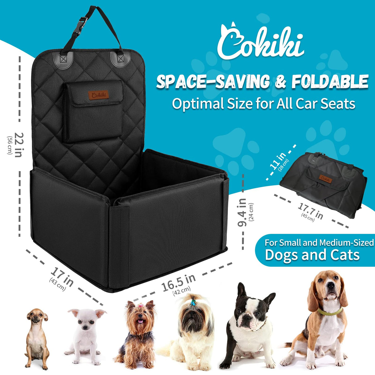 Cokiki Dog Car Seats for Small Dogs,Detachable Foldable Dog Booster Car Seat Under 28lbs, Pet Cat Car Seat Travel Bed with Adjustable Straps and Storage Pockets (Black)