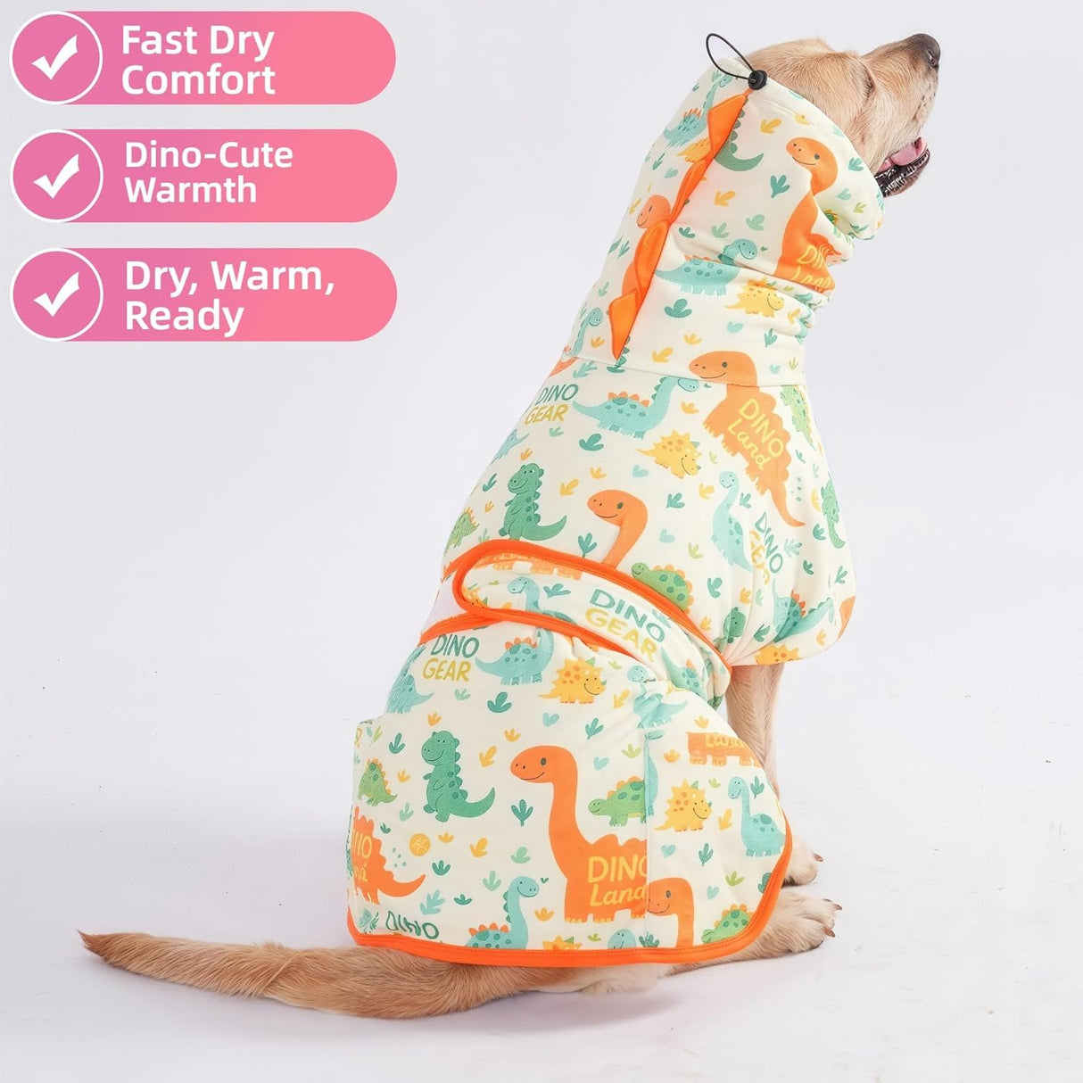 LovinPet 3‑in‑1 Dog Warm Winter Coat & Bathrobe, Hooded Dinosaur Fleece, Lightweight High‑Loft, Absorbent Knit, Quiet Hook‑and‑Loop, Wind‑Blocking Edges, Dog Robes for Medium & Large Dogs, Orange,XL