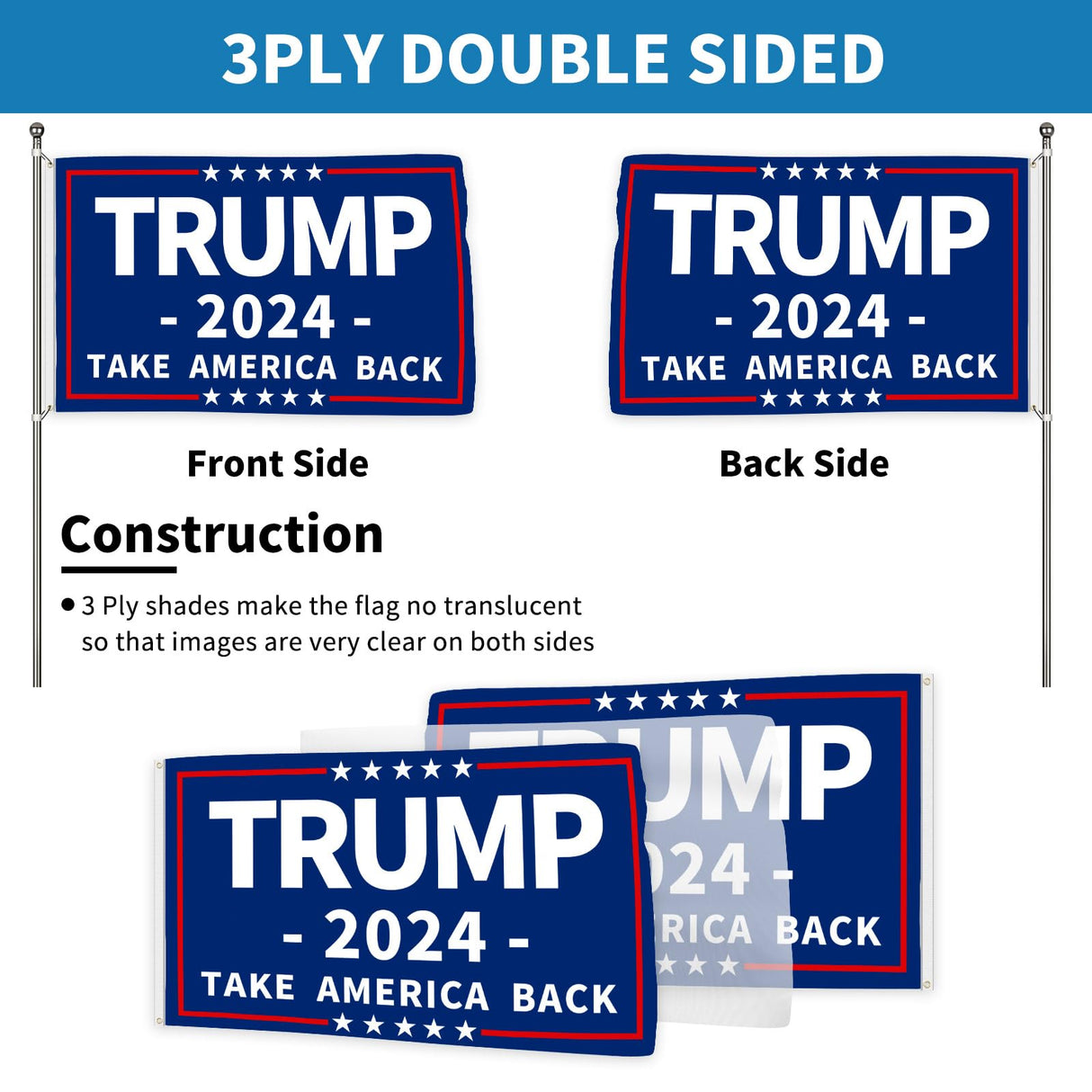 Probsin Trump 2024 Flag 3x5 Ft Decorations Outdoor Double Sided 3 Ply Blue Take America Back Flag Heavy Duty Banner Party Supplies Yard Signs Home Decor Hanging Poster with 2 Brass Grommets