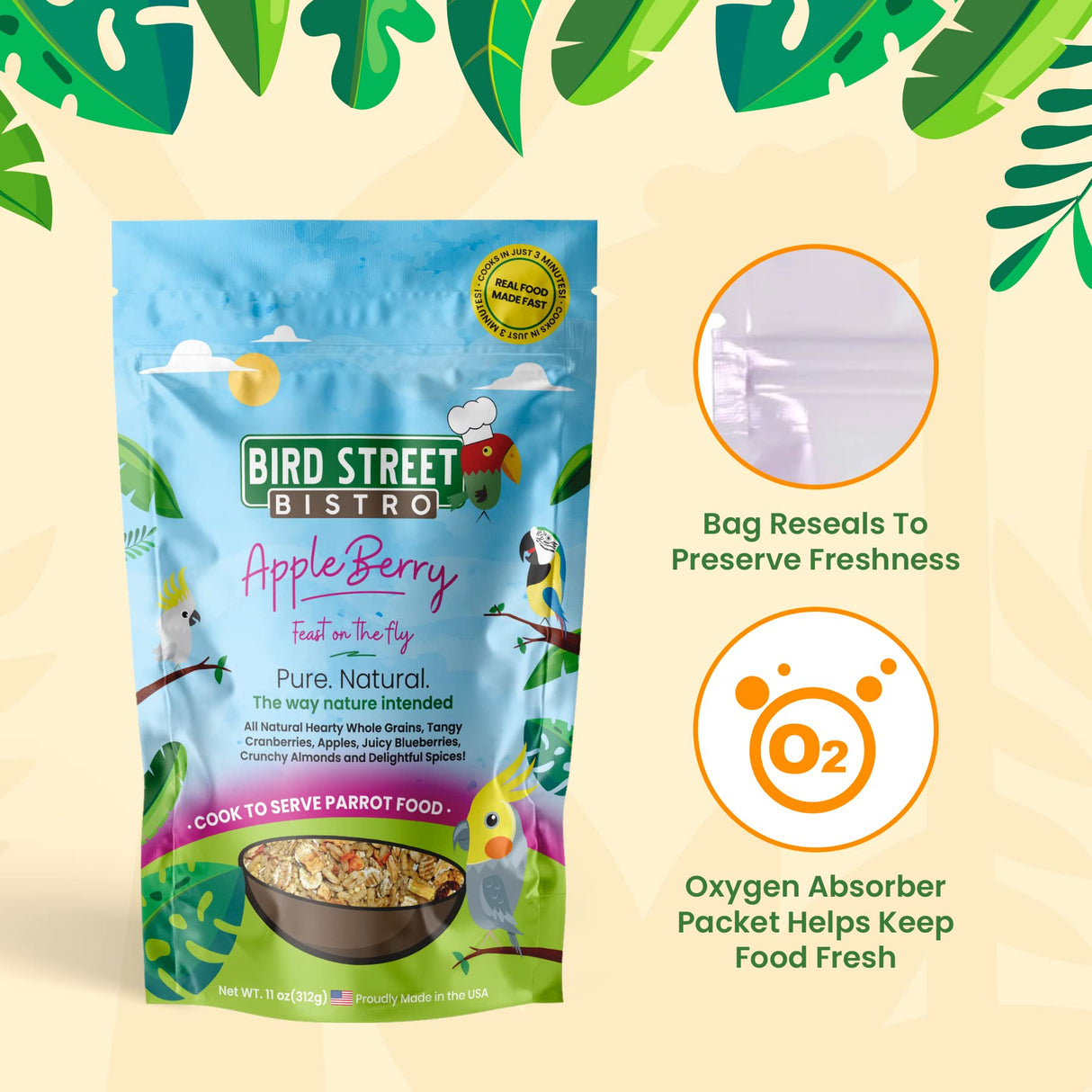 Bird Street Bistro Parrot Food - Parakeet & Cockatiel Food - Cooks in 3-15 min with Natural Wholesome Grains, Legumes, Non-GMO Fruits, Vegetables & Health Spices