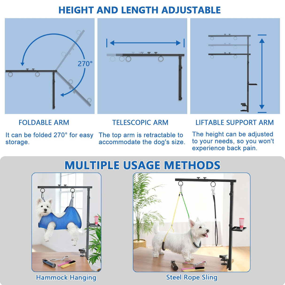 Lazaluking Dog Grooming Table Arm with Clamp (33"-43") | Extendable, Foldable Stand & Restraint with Grooming Hammock, No-Sit Rope, Tray & Bag | for Small/Medium Dogs at Home & Salon