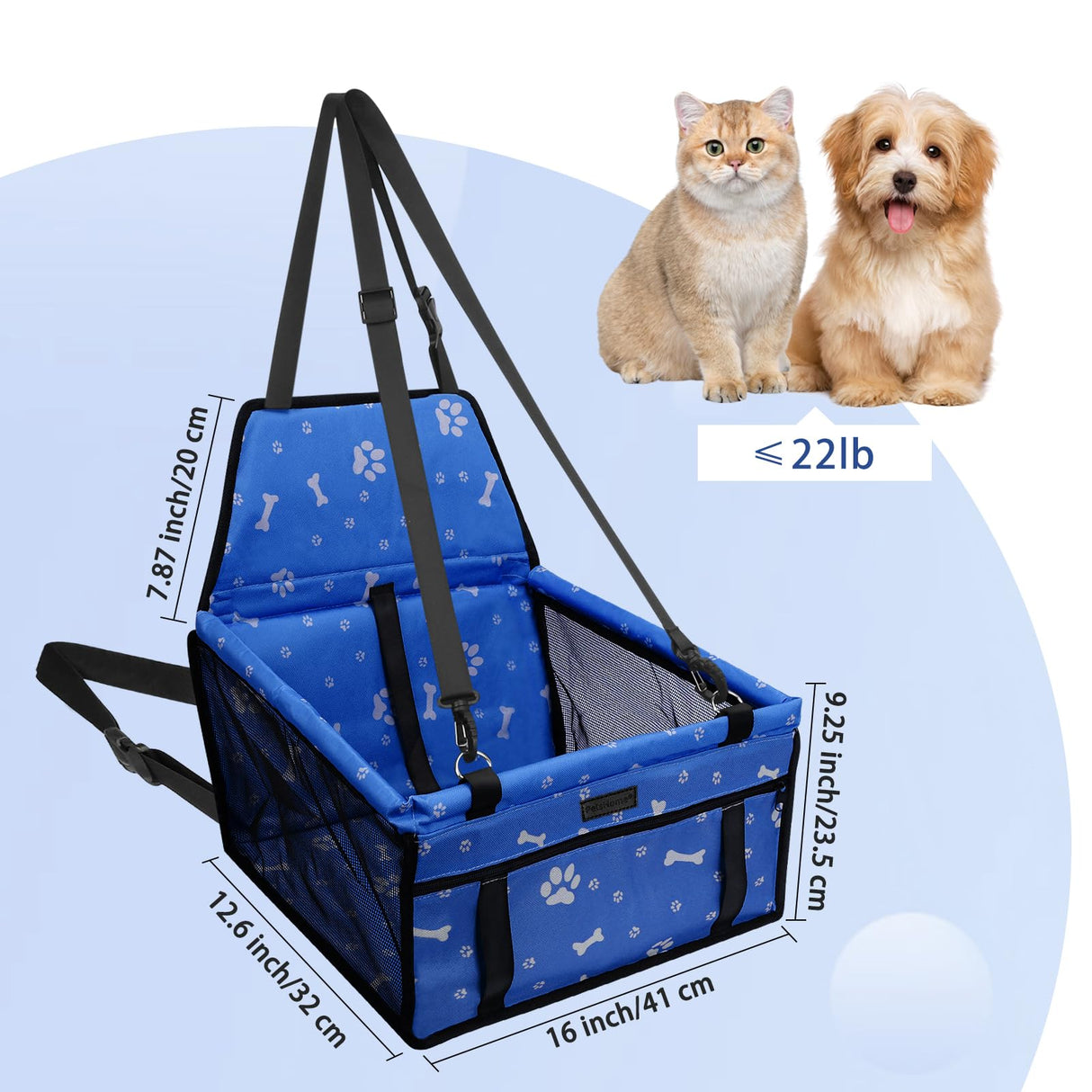 PetsHome Dog Car Seat Foldable Dog Car Booster Seat Waterproof Breathable Oxford Travel Bag for Small to Medium Dogs, Puppies, and Pets-Pattern Blue