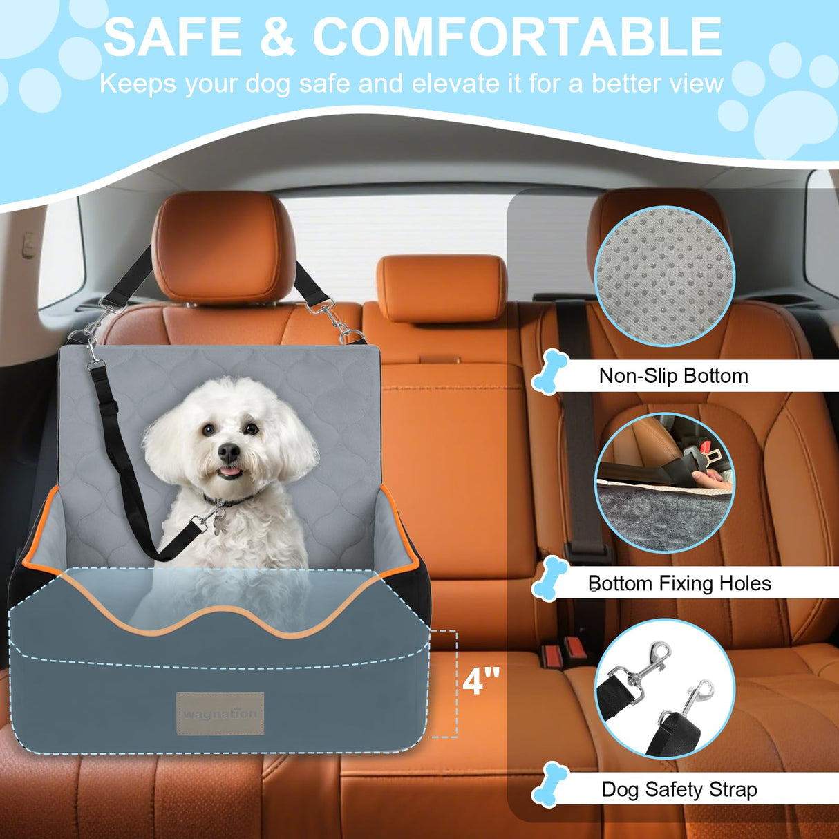 wagnation Dog Car Seat for Small/Medium Dogs Under 35lbs, Pet Booster Seat with 4In Memory Foam Cushion, Fully Detachable and Washable, Travel Dog Carseat with Storage Pocket and Safety Belt