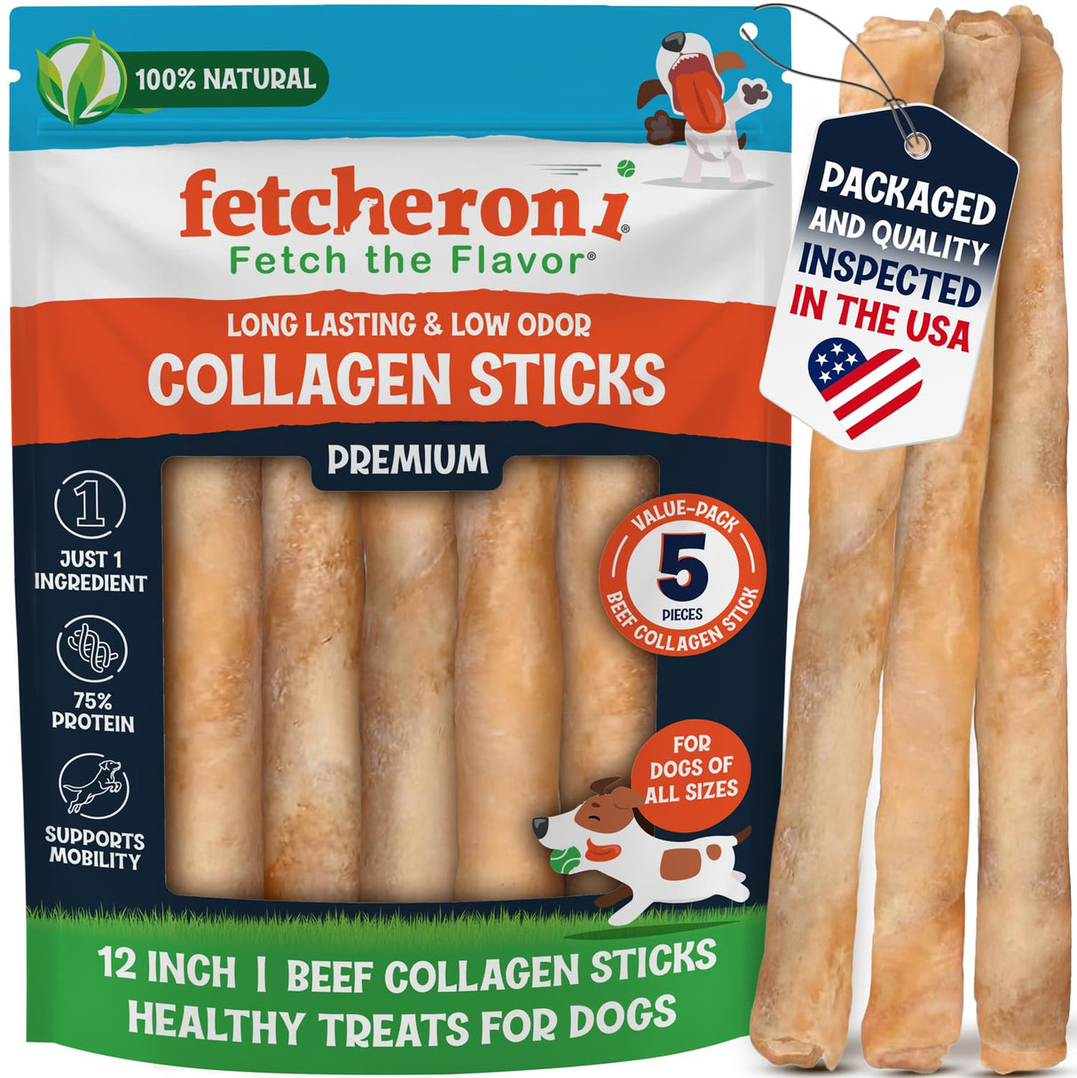 FETCHERONI 12" Collagen Sticks for Dogs – Low Odor Long-Lasting Bully Stick & Rawhide Alternative, Single Ingredient Beef Bone, High Protein Dental Treat, Vet Approved, Improves Joint Health – 5 Pack