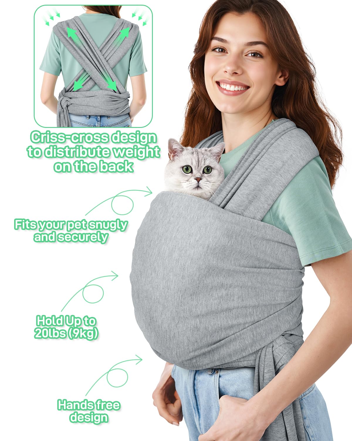 Snqqmtt Dog Sling Swaddle Carrier for Small Dog, Cat Front Carriers for Small Pet up to 20lbs, Puppy Pouch with Adjustable Straps, Hands Free Pet Sling, Anti Anxiety Puppy Sling (Light Grey)