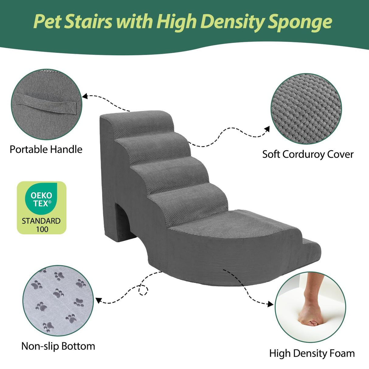 6 Tier Dog Stairs/Steps for High Bed, 27.5”H Non-Slip Pet Stairs Adjust to Left Side of Bed, Pet Steps for Small Dogs, Old Pets, and Injured Dogs, Gray