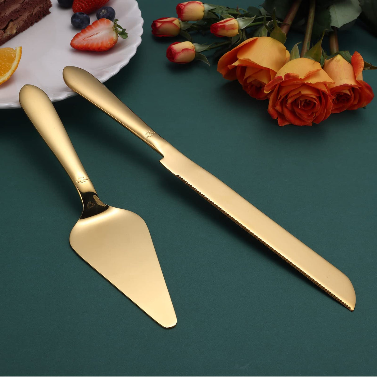 Cake Cutting Set for Wedding, Elegant Cake Knife and Server Set with Thickened Stainless Steel Rounded Edges, Cake Cutter Pie Spatula for Birthday Anniversary, 2 Pcs, Gold